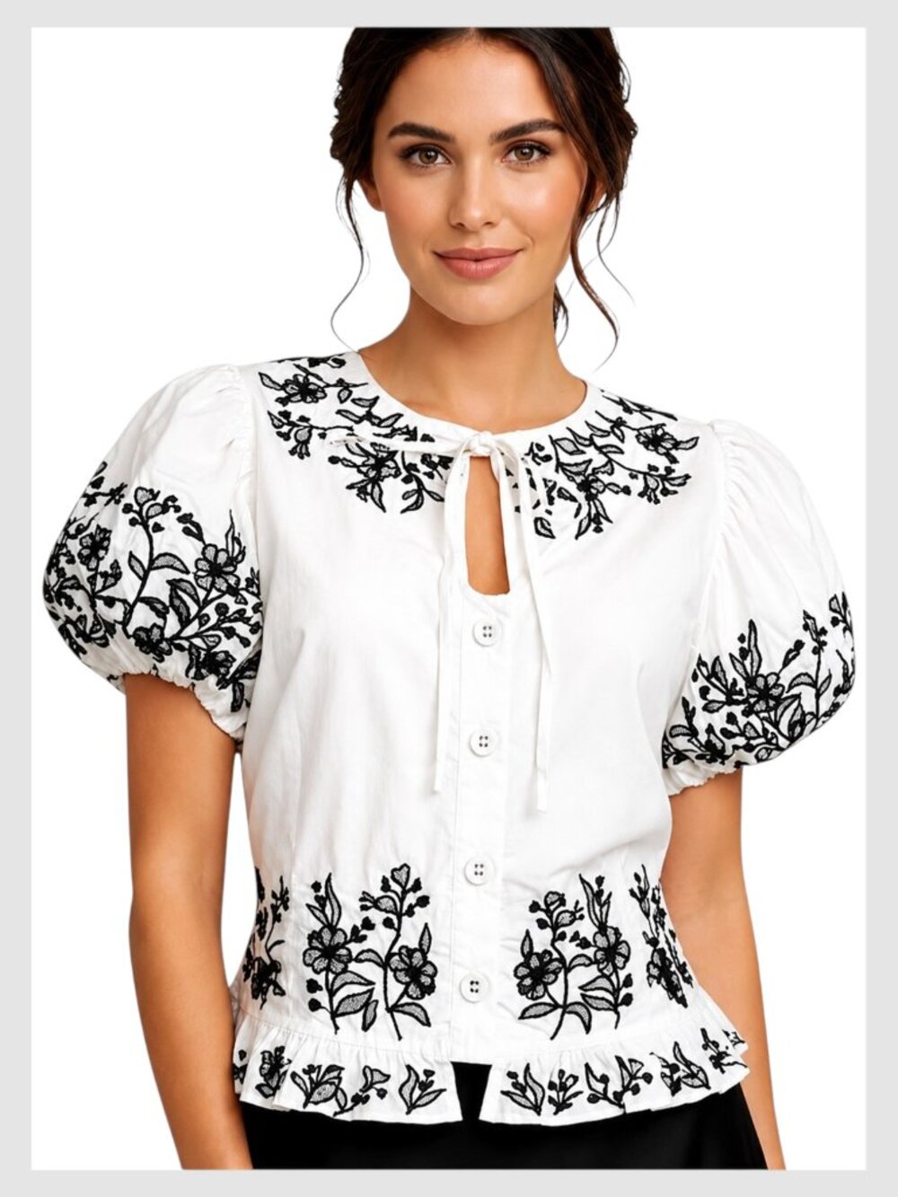 Love the Label Blouse White Embroidered Puff Sleeve M